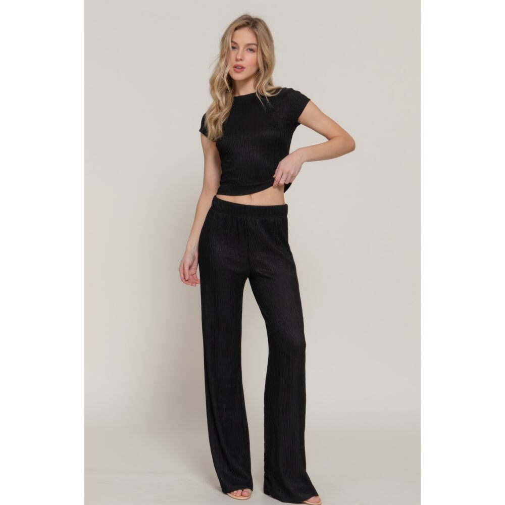 HackleBee | Short Sleeves Crew Neck Top & Waistband Flare Pants Set Size S,M,L
